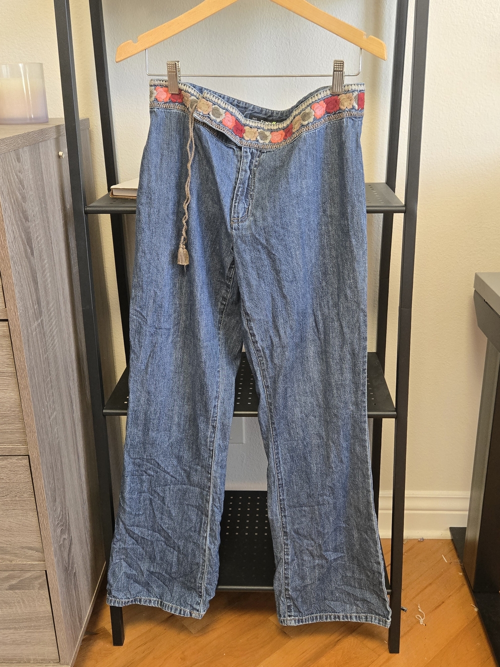 Vintage DKNY Boho Embroidered Waist Wide-Leg Jeans
